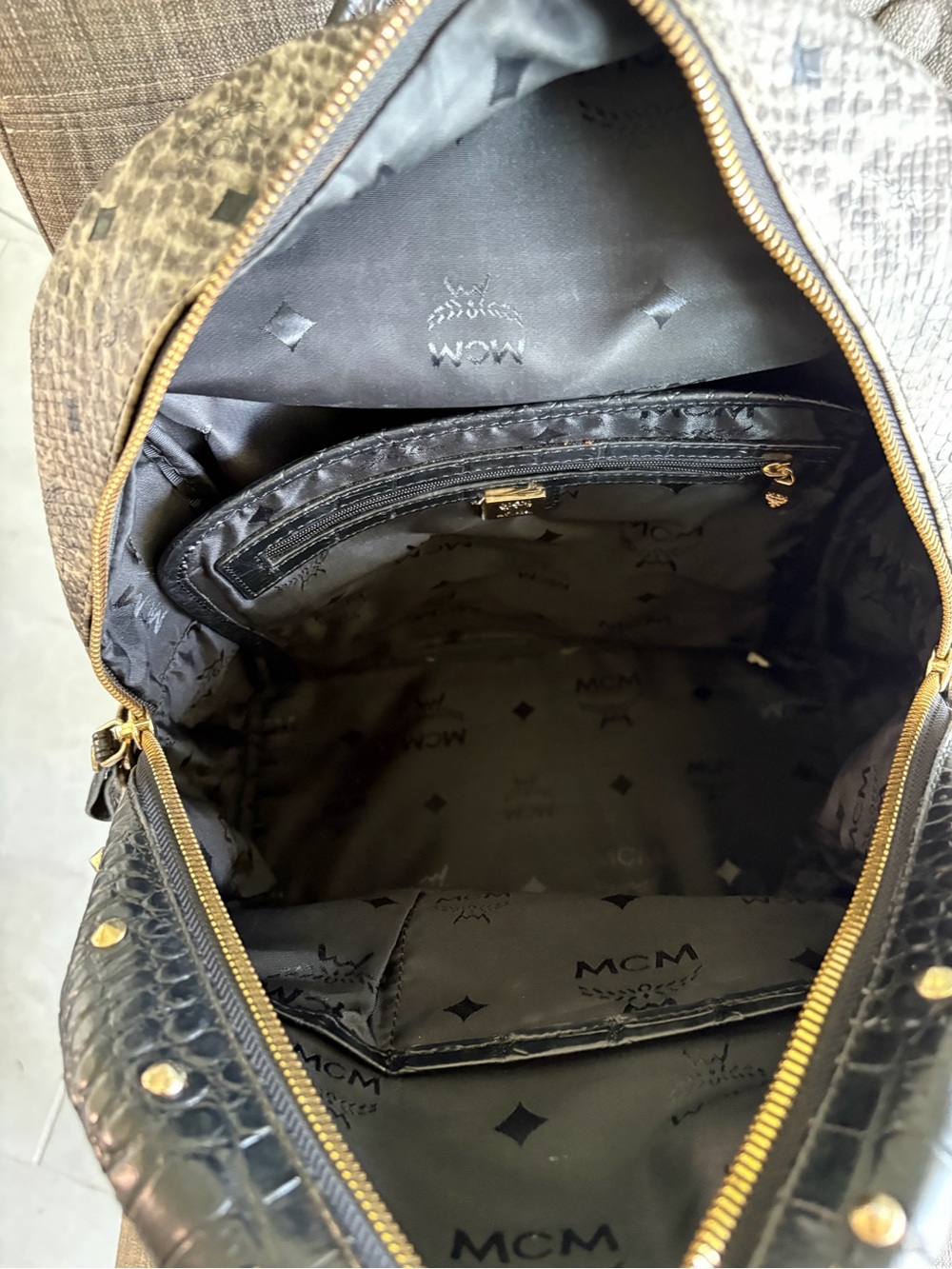 MCM Visetos Studded Mini Backpack - Black & Beige Snakeskin - Picture 10 of 13